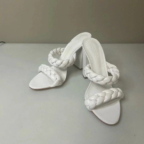 SCHUTZ Braided Leather Chunky Zardha High Block Heel Sandal Size 8.5 B White - Picture 1 of 7
